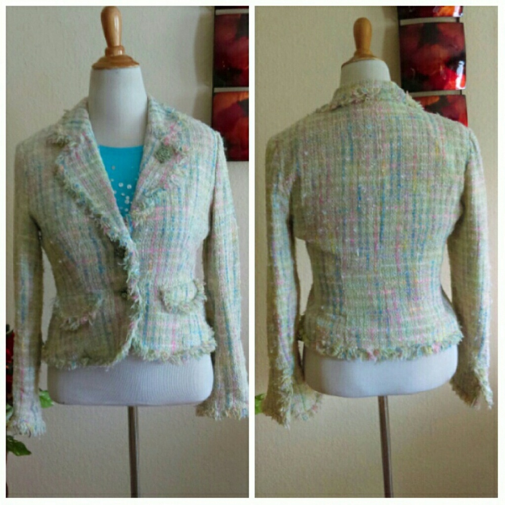 ⬇Green & Pink Tweed Pastel Fringe Blazer